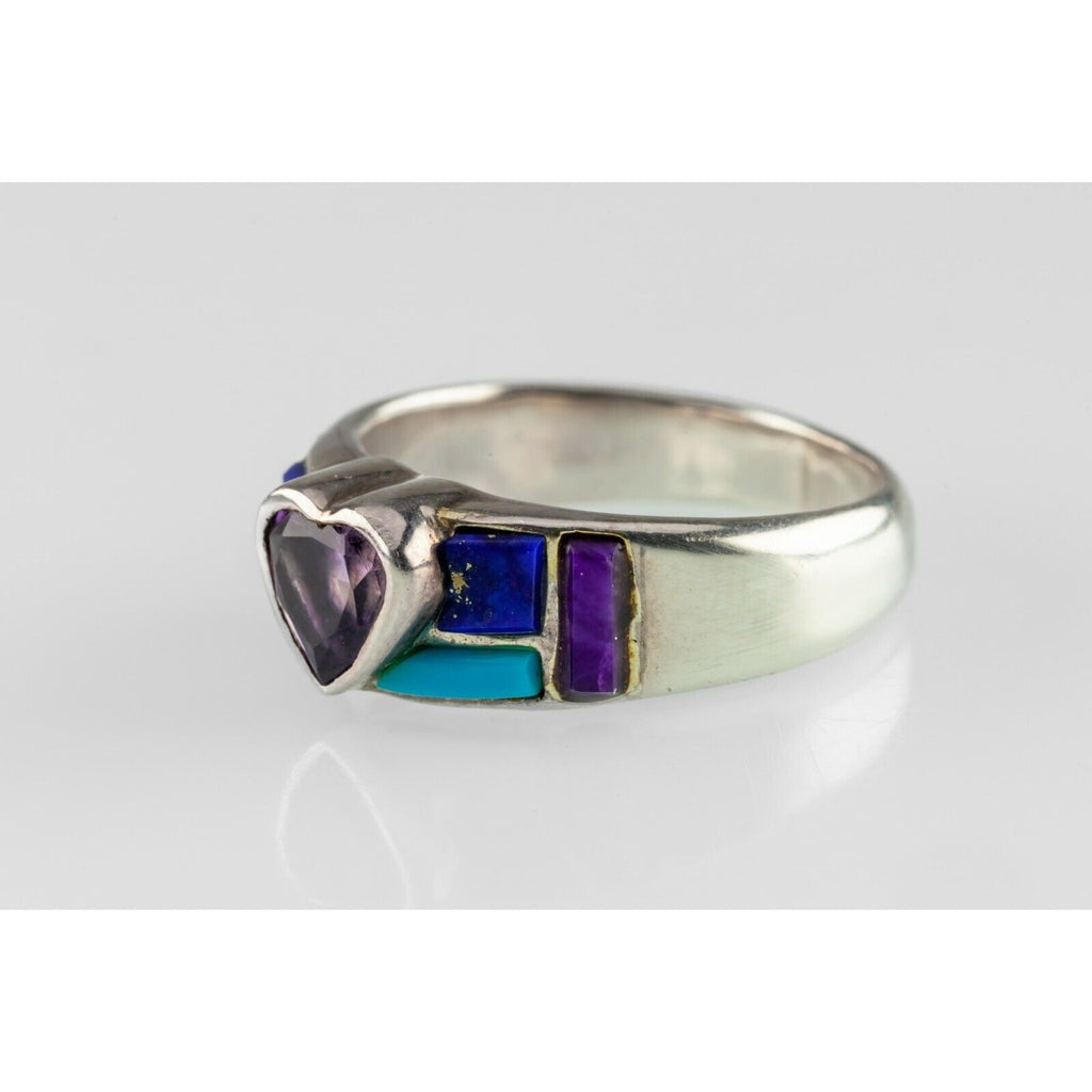 Handmade Turquoise, Purple Spiny, Lapis & Heart Amethyst Sterling Ring SZ 6.25