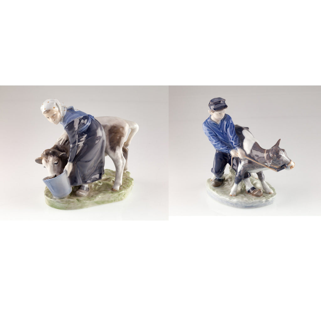 Lot of 2 Royal Copenhagen Porcelain Glazed Figures Boy and Girl with Cows