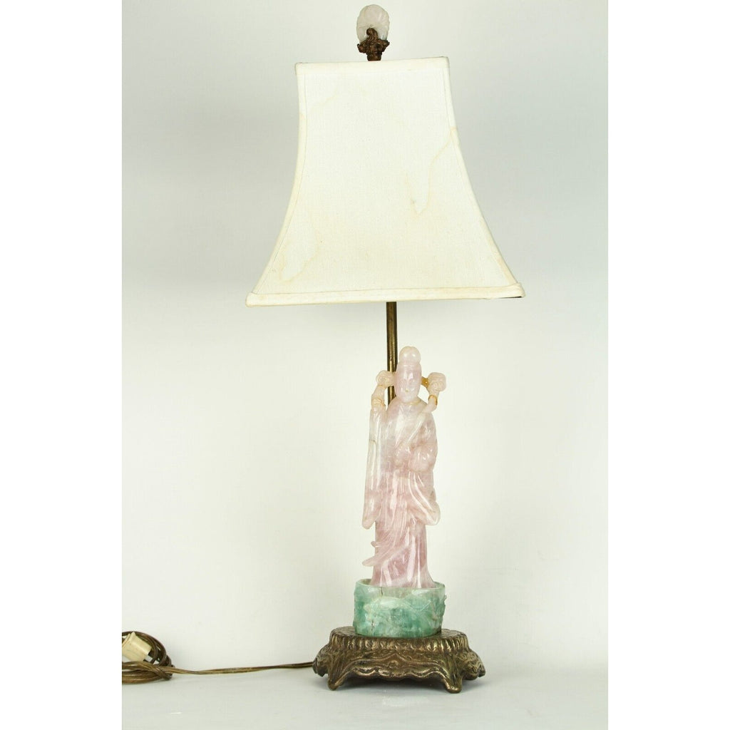 Guanyin Table Lamp 20th Century Chinese Carved Rose Quartz and Green Fluorite