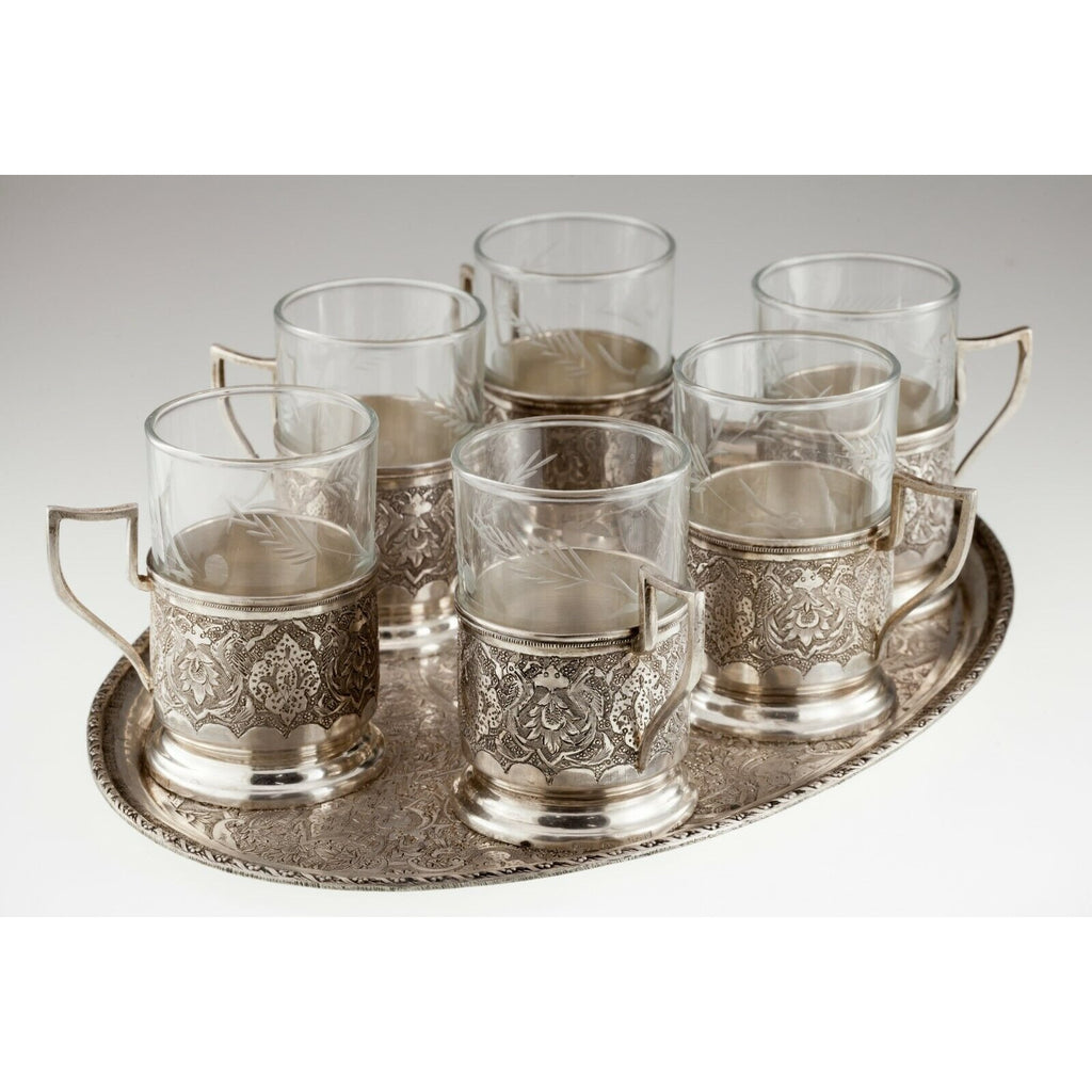 20th Century Persian Solid Silver (84) Coffee/Tea Cup Set of 6 with Oval Tray