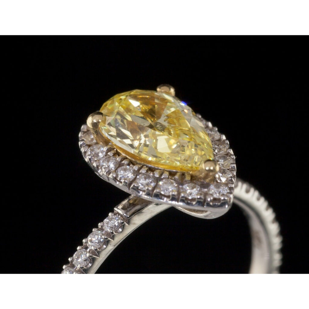 1.28 Pear Shape Lab Created Fancy Yellow Diamond Engagement Ring 18k White Gold