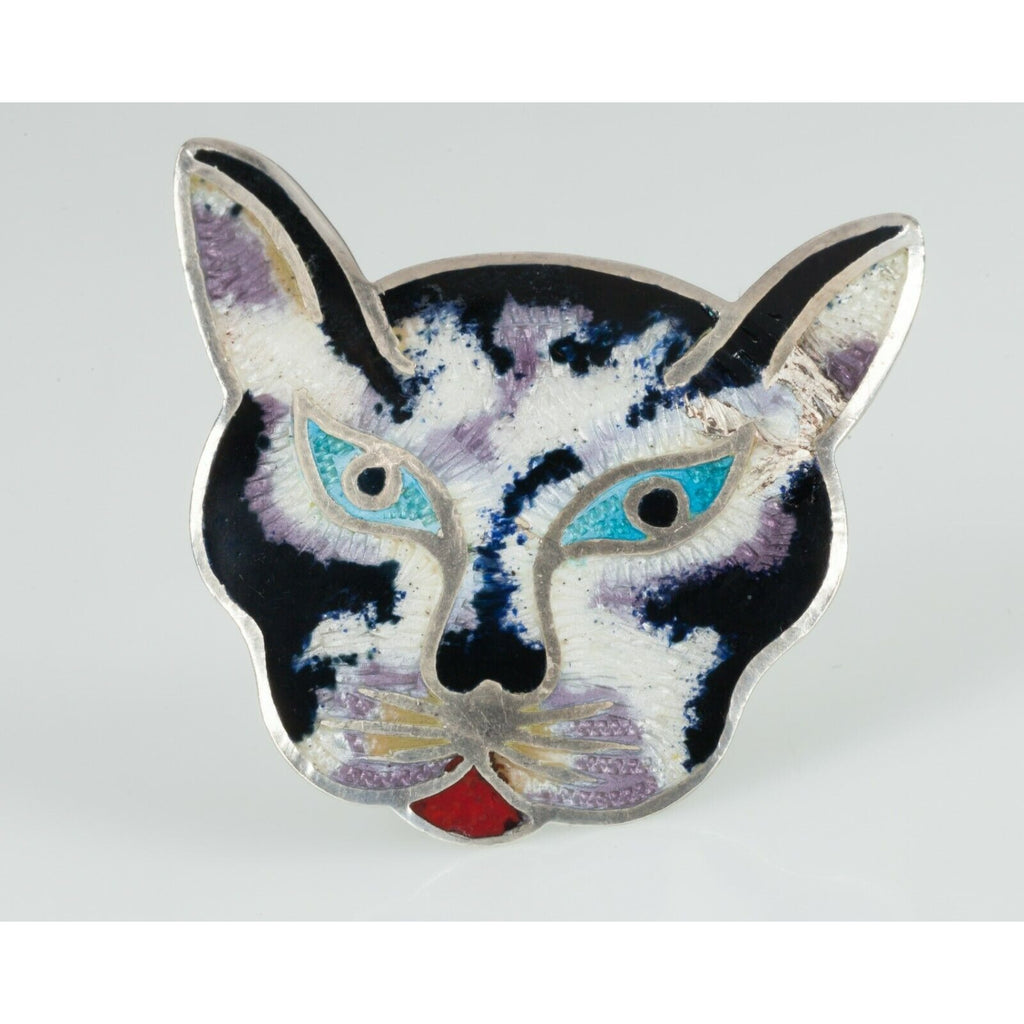 Jeronimo Fuentes Sterling Silver & Enamel Cat Pin Brooch Made In Mexico