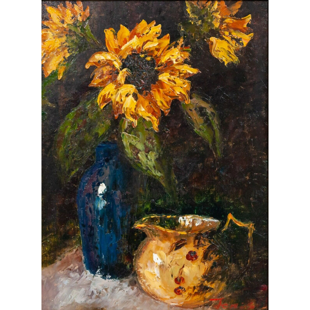 Sunflowers Still Life Framed Oil Painting Untitled Signed Jenis