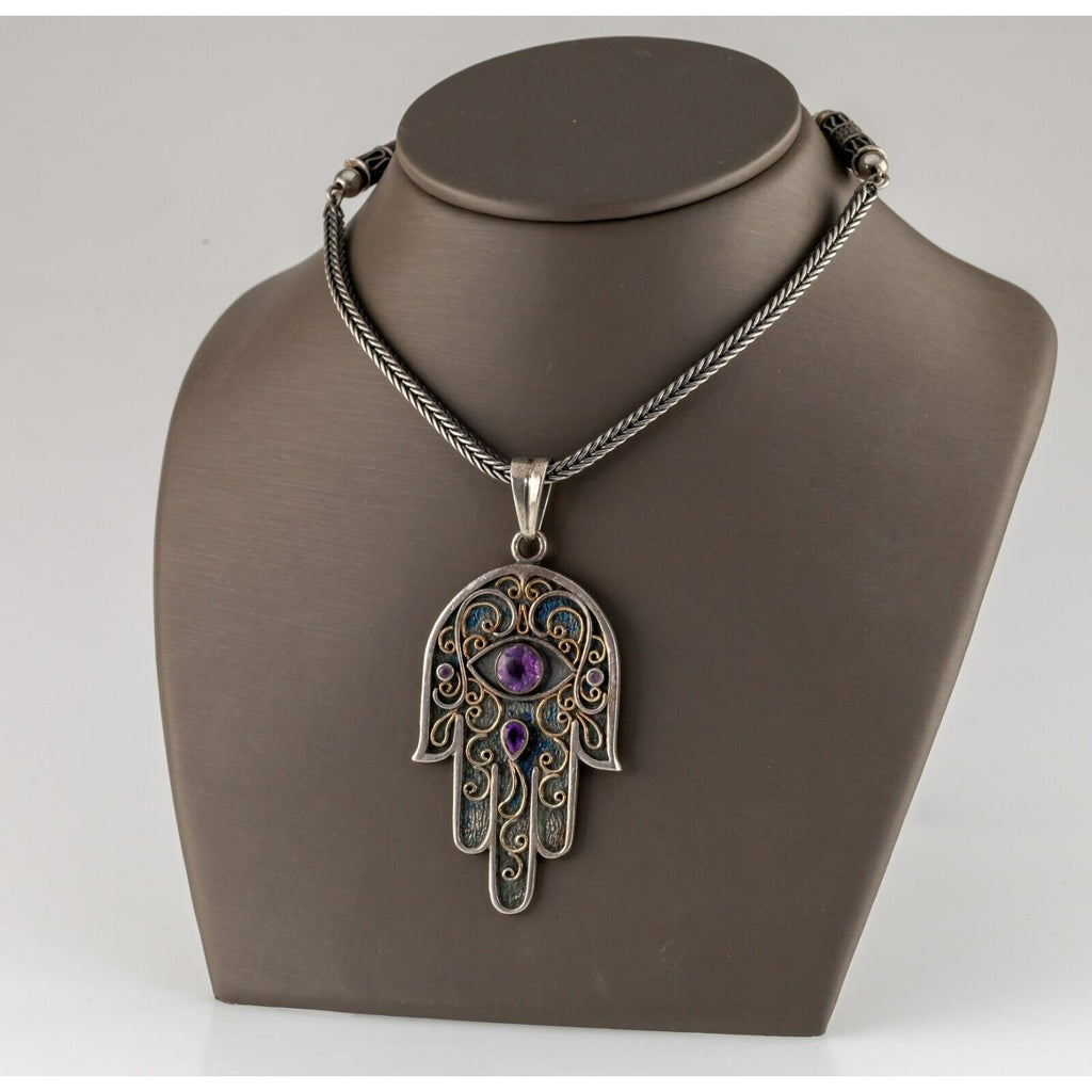 Sterling Silver Judaica Hamsa Pendant with Amethyst Accents 23"