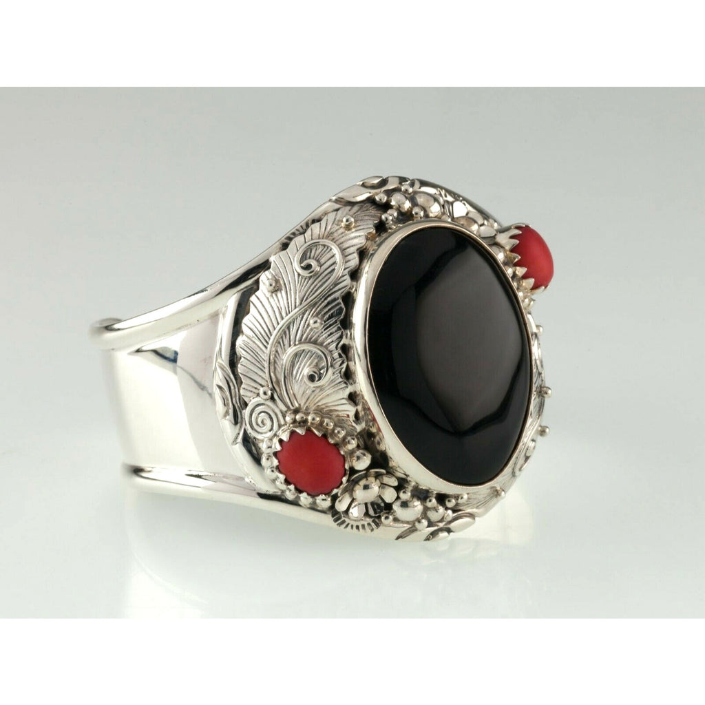 Amazing Marai Mexican Silver Black Jet & Red Coral Cuff Bracelet 89.7gr