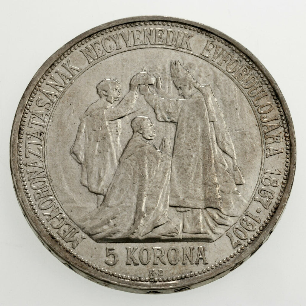 1907 Hungary 5 Korona Silver Coin Restrike 40th Anniversary AU Condition