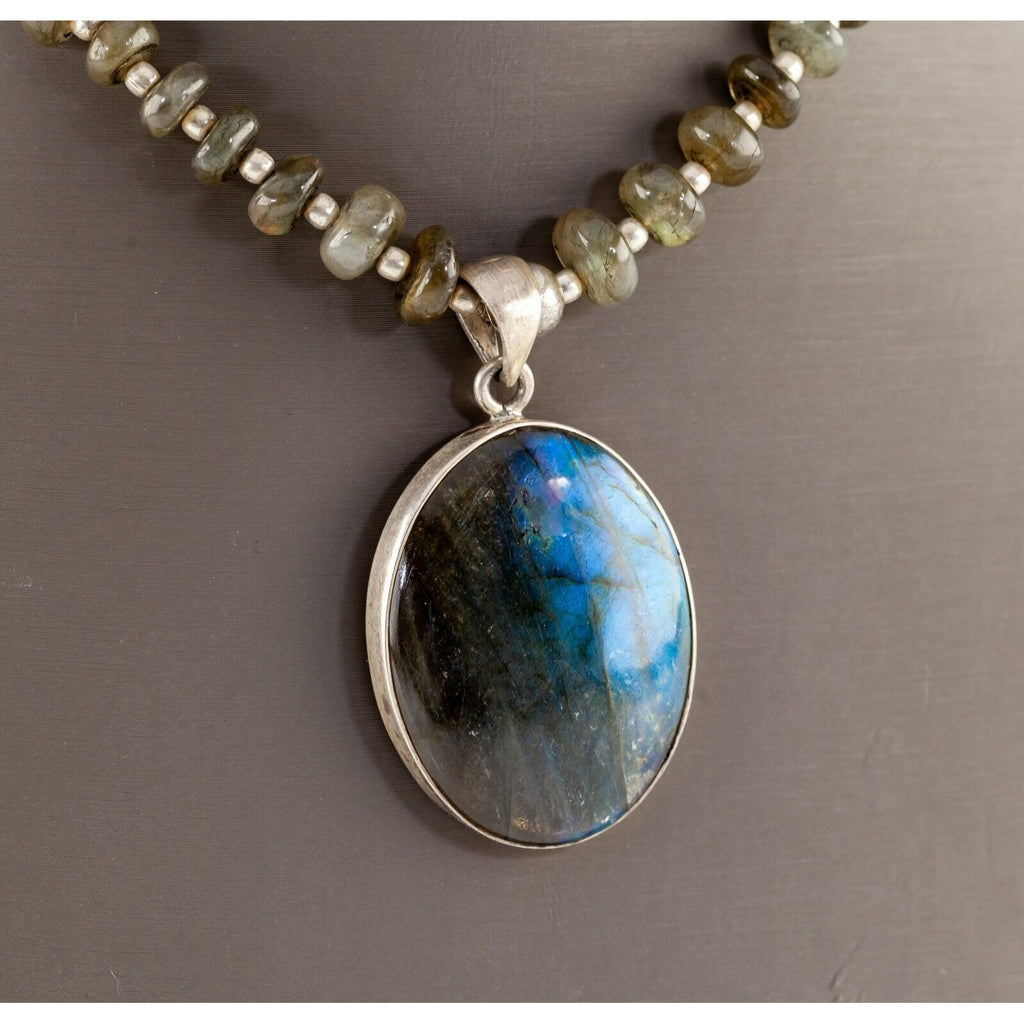 Sterling Silver Laboradorite Pendant and Bead Necklace Unique!