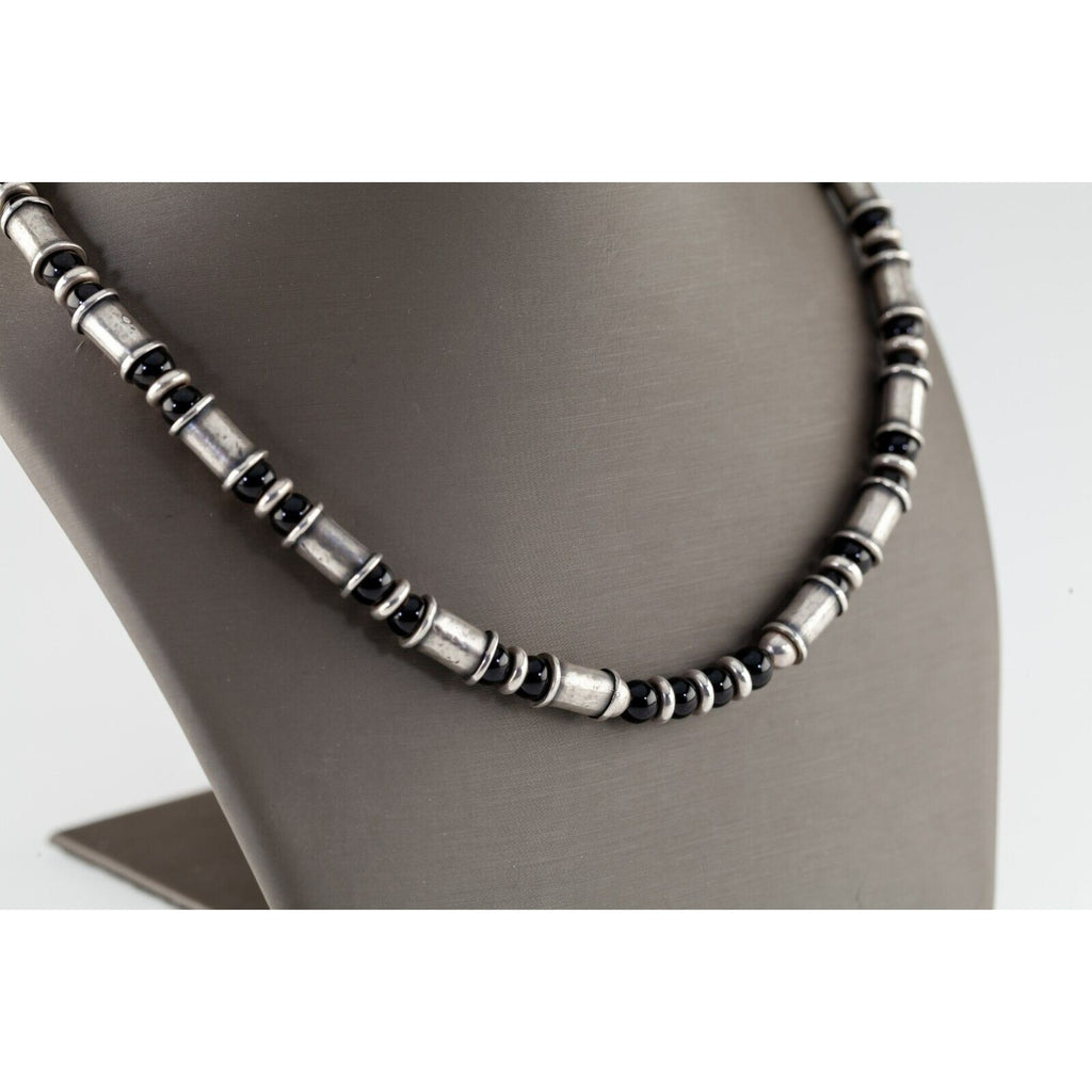 Sterling Silver Onyx Beaded Necklace with Toggle Clasp Adjustable 17"+