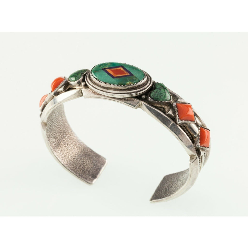 Aldrich Art Studio Turquoise & Coral Inlay Sterling Silver Cuff Bracelet 57.8gr
