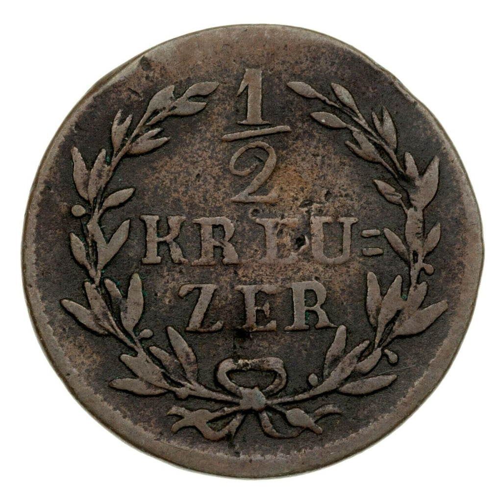 1821 German States Baden 1/2 Kreuzer, VF Condition, KM# 182