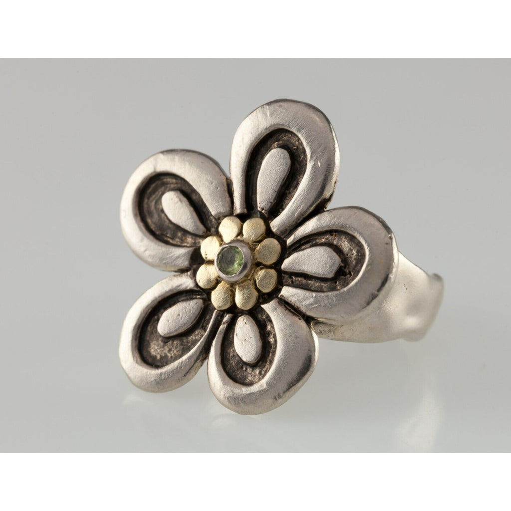 Rane Sterling Silver Antiqued Flower Ring with Peridot Accent Stone Size 6.75