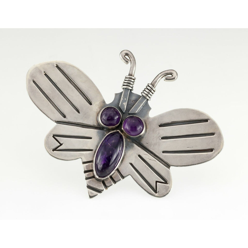 Large Sterling Silver Butterfly With Amethyst Brooch, 85mm Wide! 39.5gr