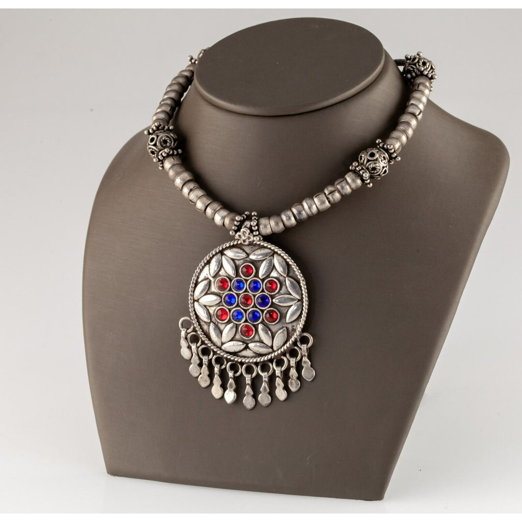 Sterling Silver Red and Blue Stone Pendant Necklace with Ornate Silver Beads