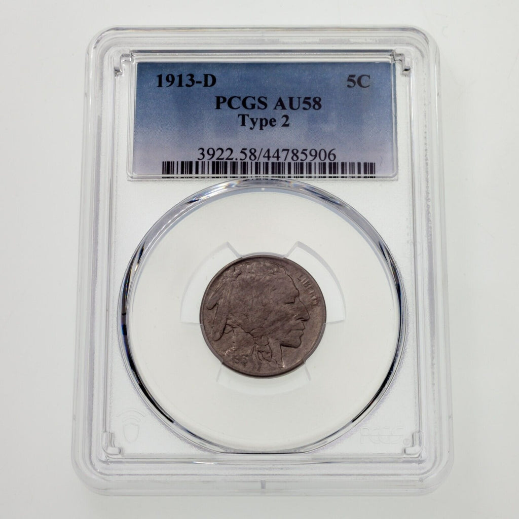 1913-D 5C Buffalo Nickel Type 2 Graded by PCGS as AU58! Nice!