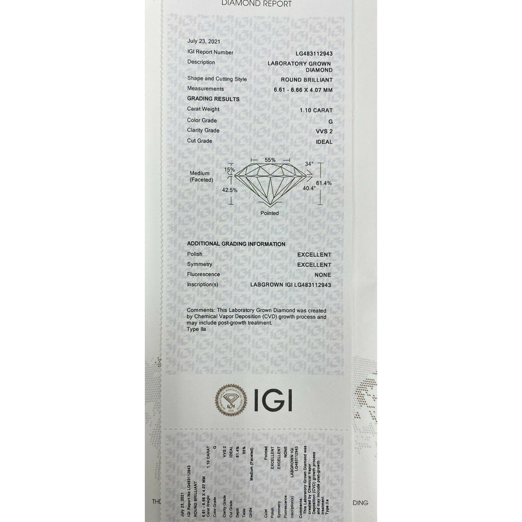 Lot of 2 CVD Lab Grown Round Cut Diamonds IGI Certified TCW = 2.19 Cts G VVS2