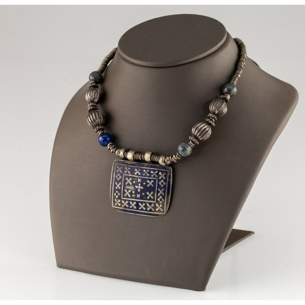 Antique Silver Beaded Necklace with Lapis Accents and Enamel Pendant