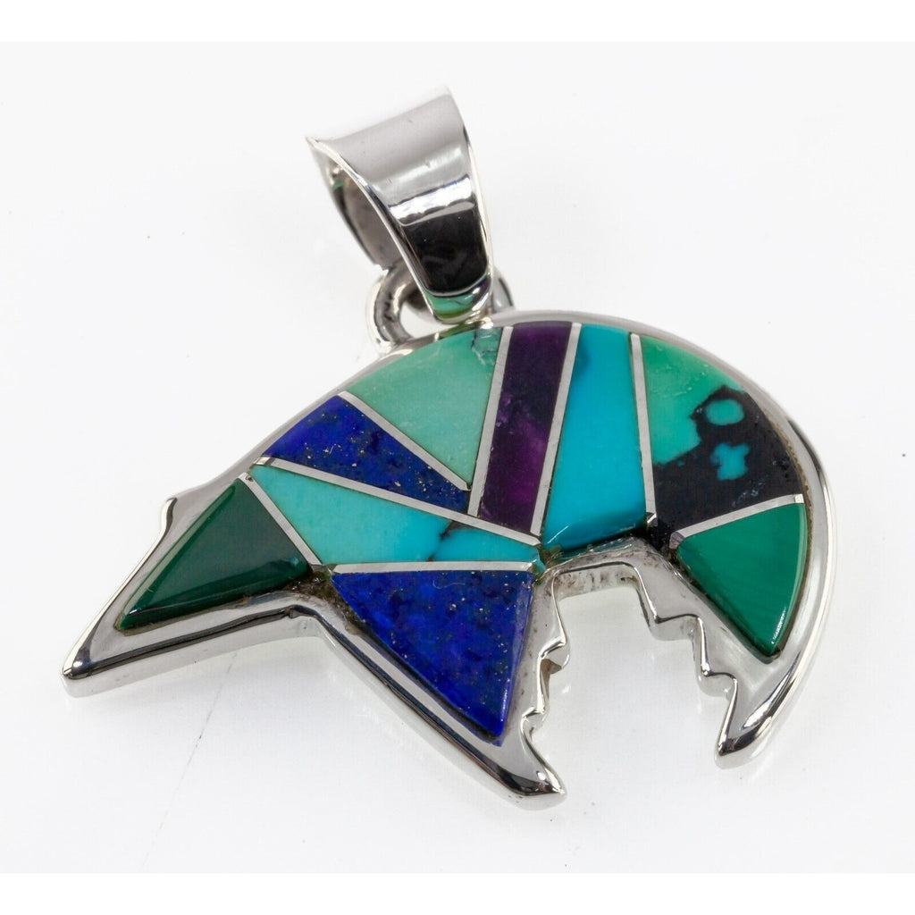 Calvin Begay Sterling Silver Lapidary Inlay "Touch of Santa Fe" Bear Pendant