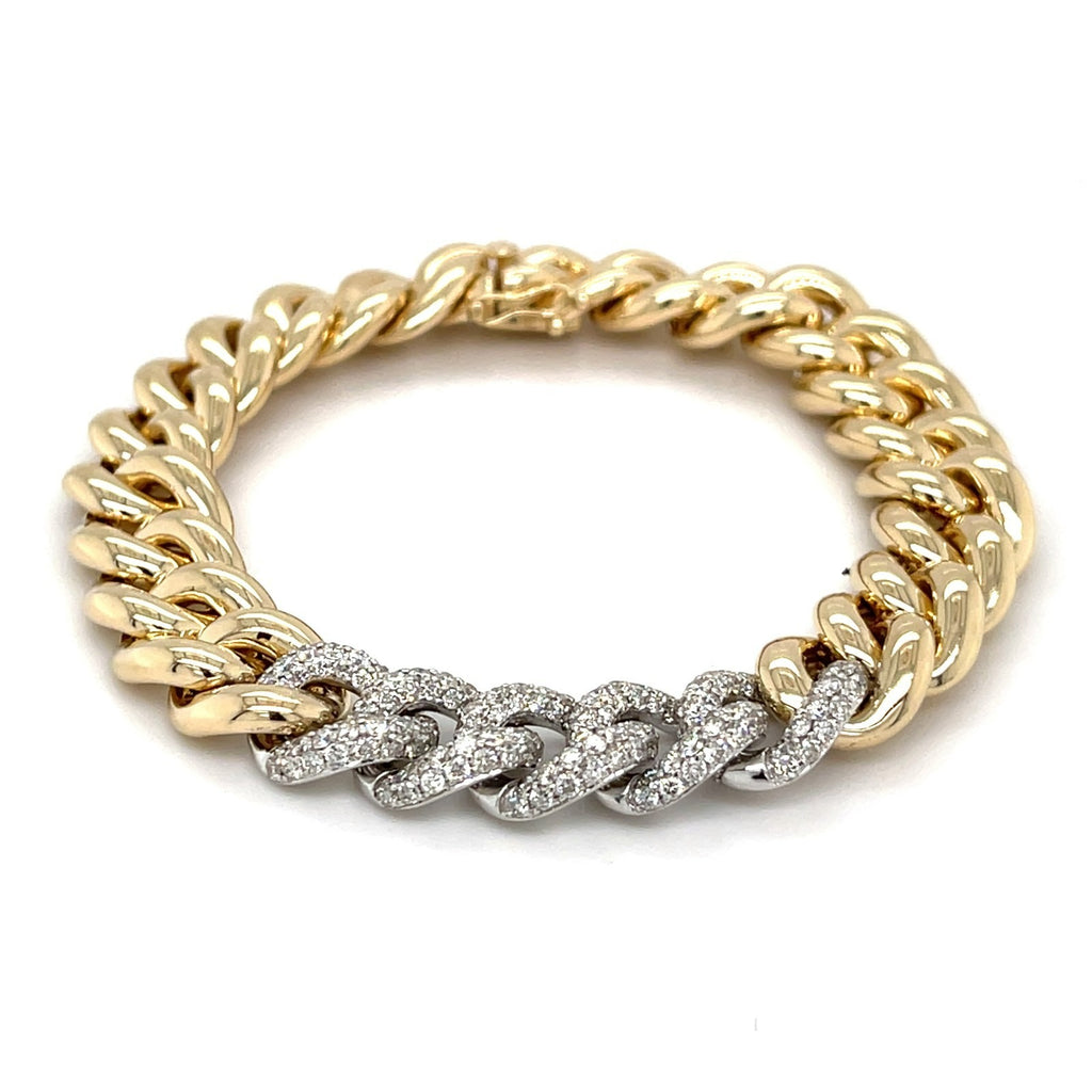 18K Yellow Gold Cuban Link Bracelet w/ 3.38 ct Diamond Links 7.25”