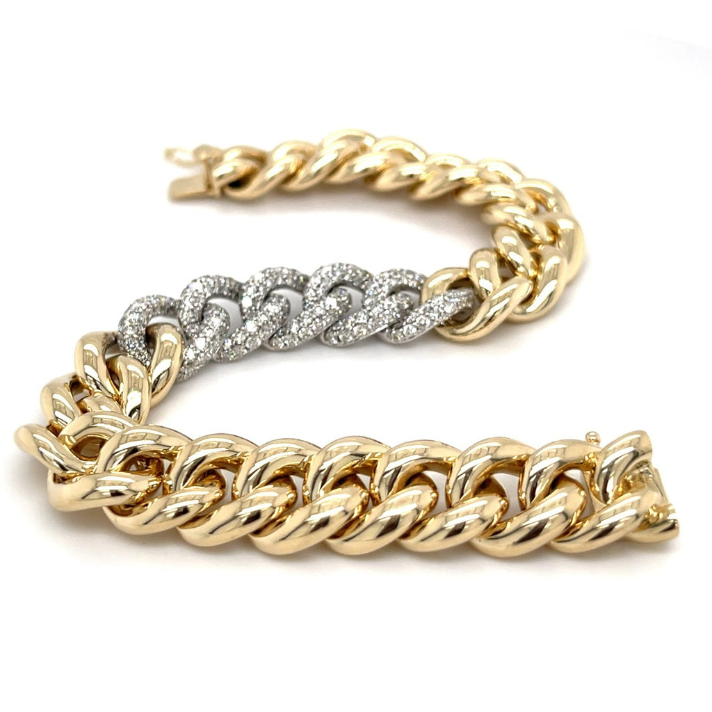 18K Yellow Gold Cuban Link Bracelet w/ 3.38 ct Diamond Links 7.25”