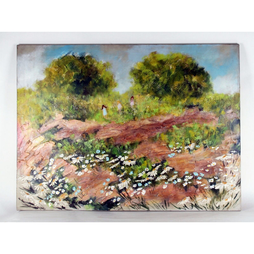 Lynne Heffner: Untitled - Children Playing, Flowers & Trees Oil Painting Signed
