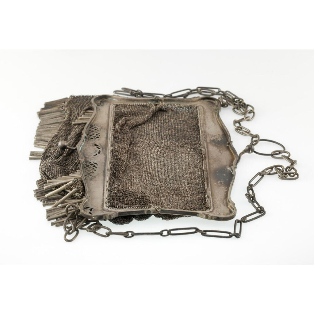 Vintage Silver Mesh Purse With Flora Pattern Straps and Tassles
