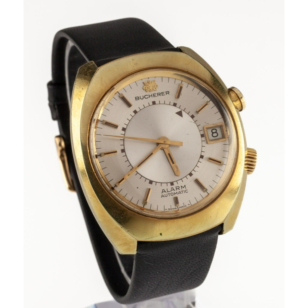 Bucherer Gold-Plated Alarm Watch Automatic "Memomatic" w/ Leather Band 2980 Date