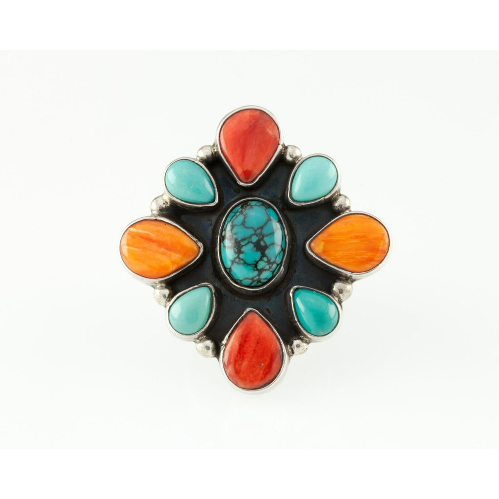 Handmade Turquoise & Orange Spiny Oyster Cluster Sterling Ring Signed!