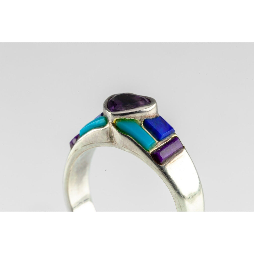 Handmade Turquoise, Purple Spiny, Lapis & Heart Amethyst Sterling Ring SZ 6.25