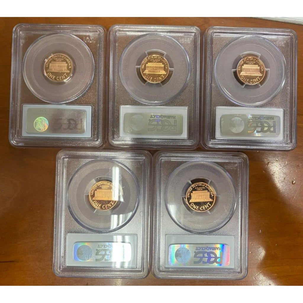 Lot of 5 Lincoln Memorial Cent Proof Pennies PR69 and 70 DCAM 1995-2007