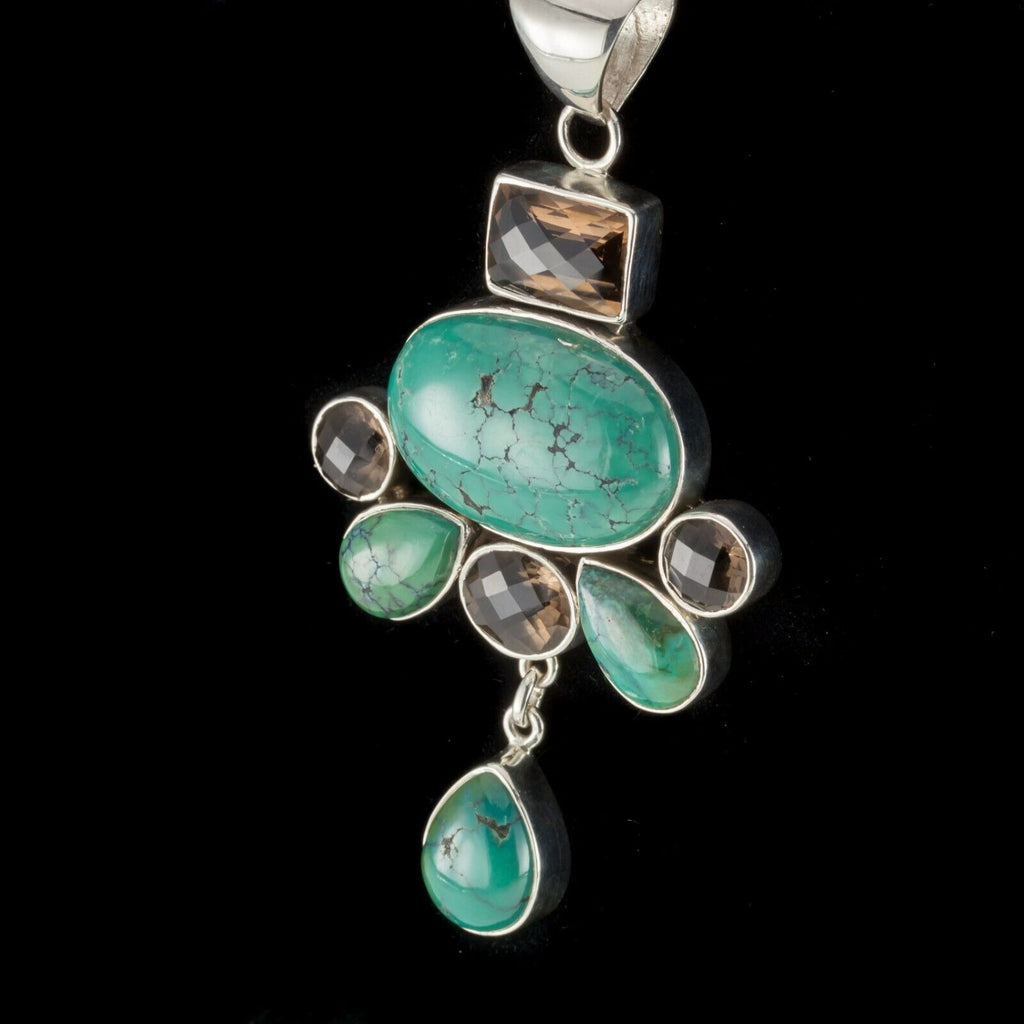 Amazing Turquoise & Smoky Topaz Sterling Silver Pendant 90 mm Long