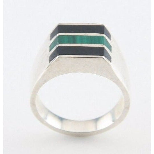 Vintage Mexican Sterling Silver Ring with Malachite & Onyx (Size 11) Taxco TF-83
