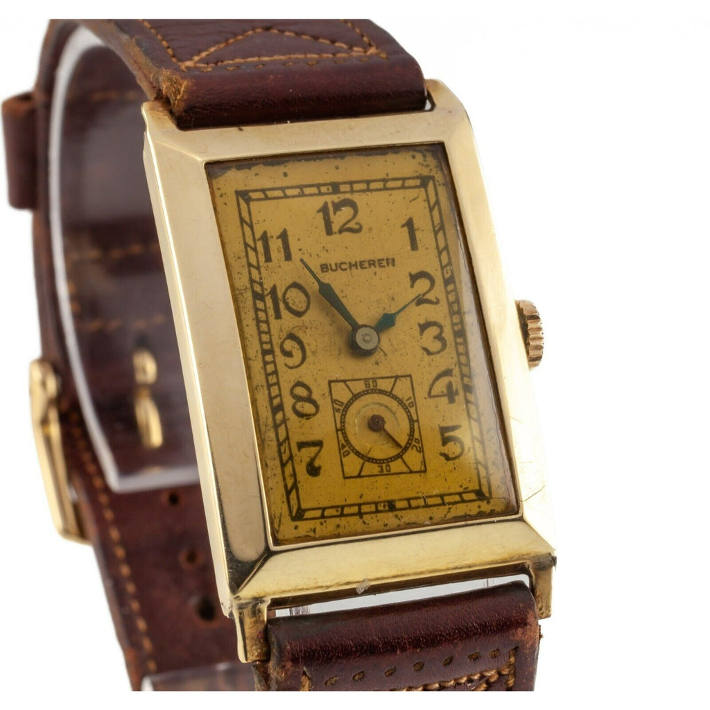 Bucherer 14k Gold Antique Art Deco Rectangular Hand-Winding Wrist Watch Mvmt 500