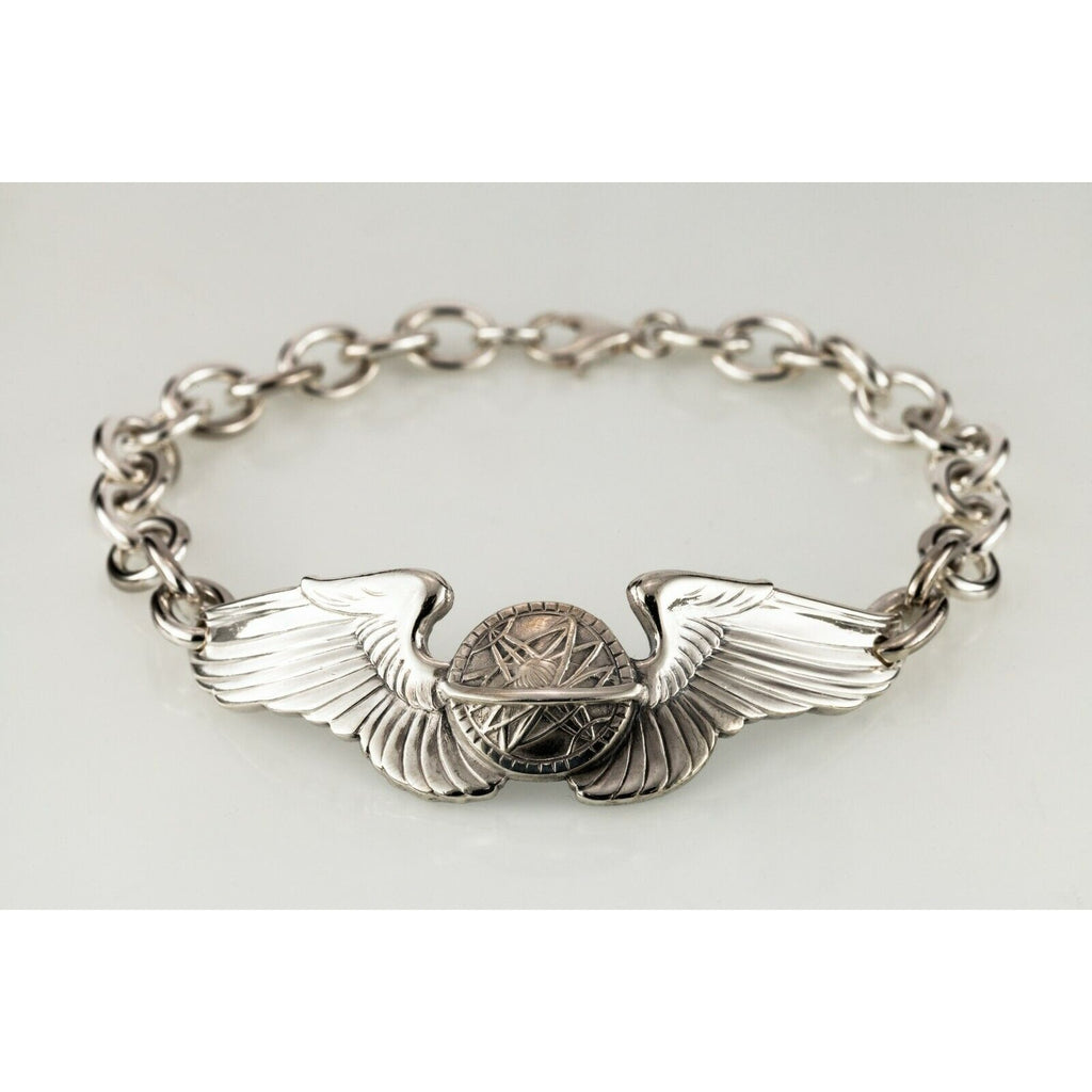 Rare 1942 US Air Force Navigator Wings Sterling Silver Bracelet Up To 9.50"