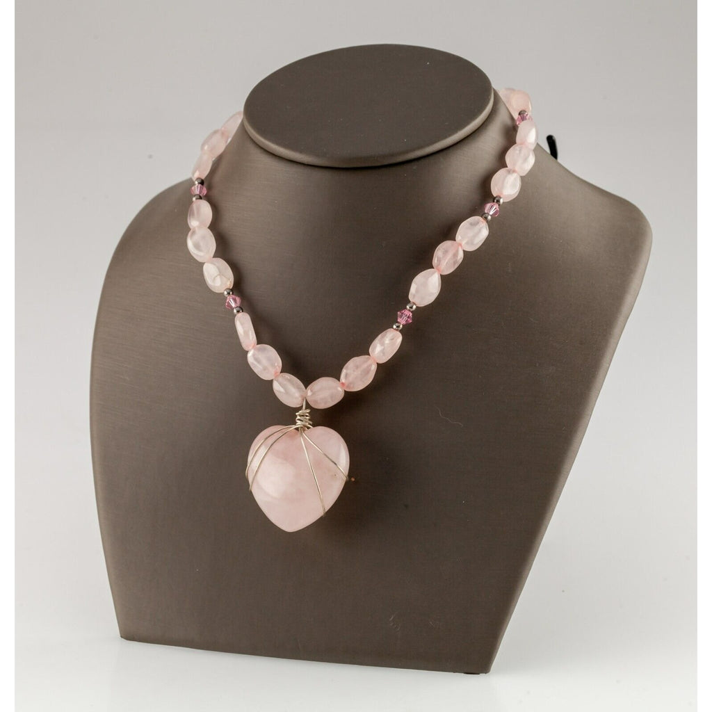 Sterling Silver Wire Rose Quartz Bead Necklace with Heart Pendant