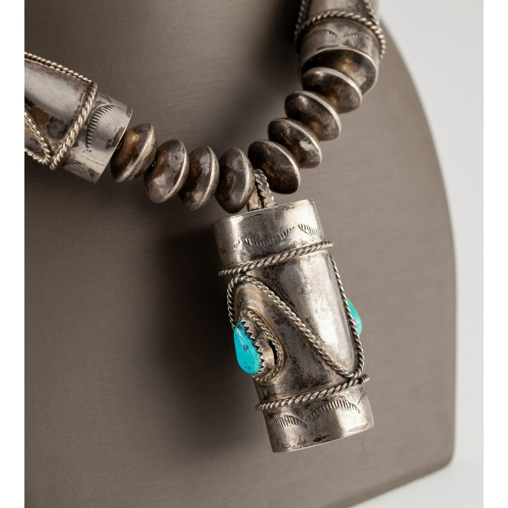 Sterling Silver Beaded Navajo Cylinder Pendant Necklace with Turquoise