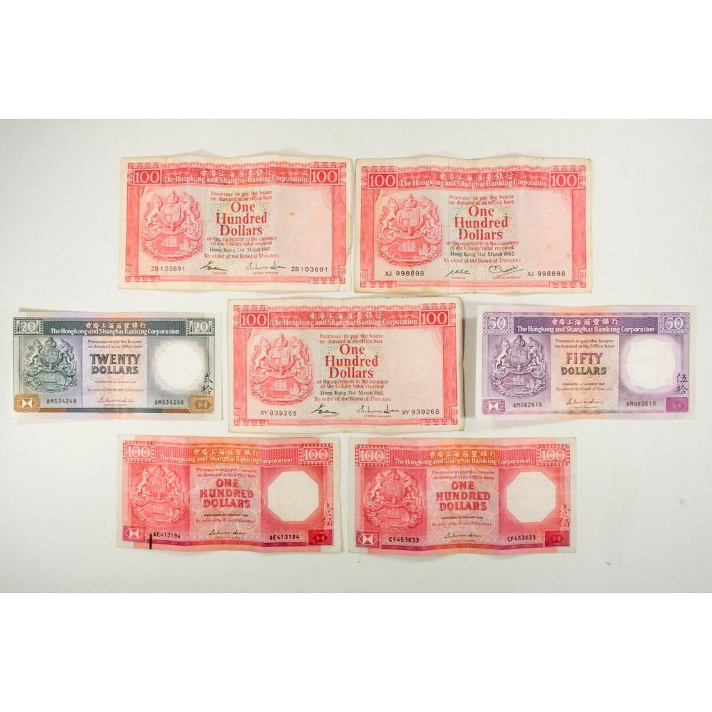 Hong Kong Notes. 7 Notes Lot. The Hong Kong & Shanghai Banking Corporation.
