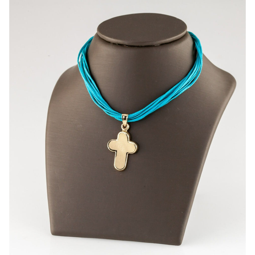 14k Yellow Gold Cross Pendant with 16" Multi-Strand Blue Cord