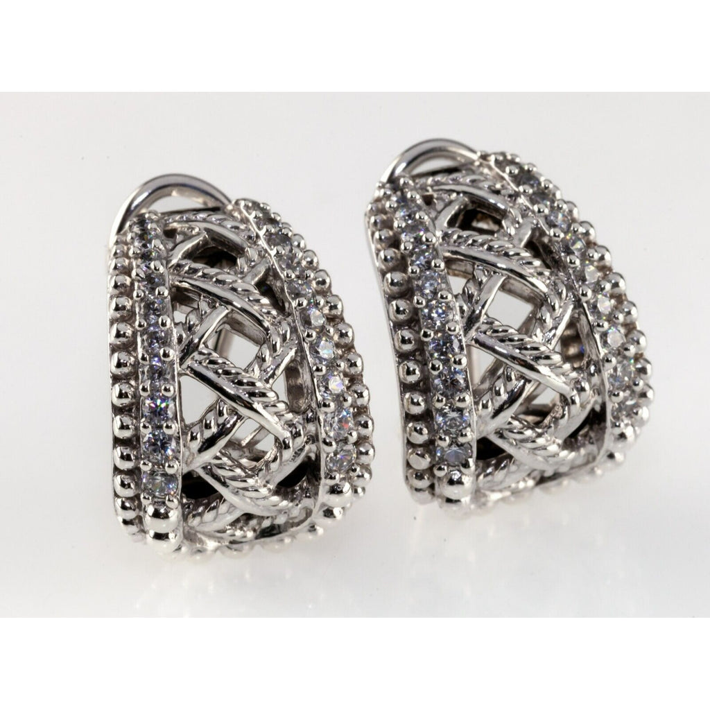 Judith Ripka Sterling Silver CZ Basketweave Huggie Earrings w/ Omega Backs