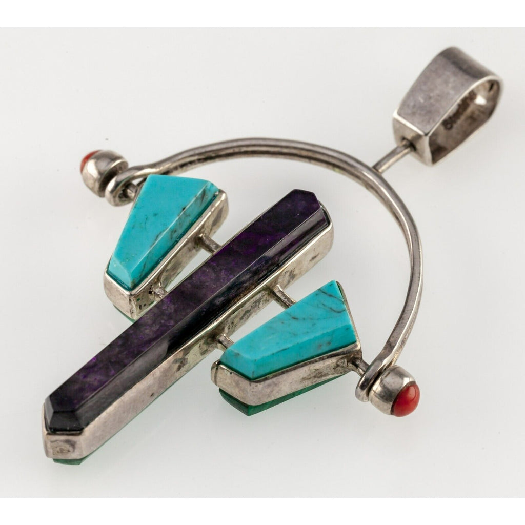 Navajo Sterling Turquoise, Amethyst & malachite Double-sided pendant 64 mm Long