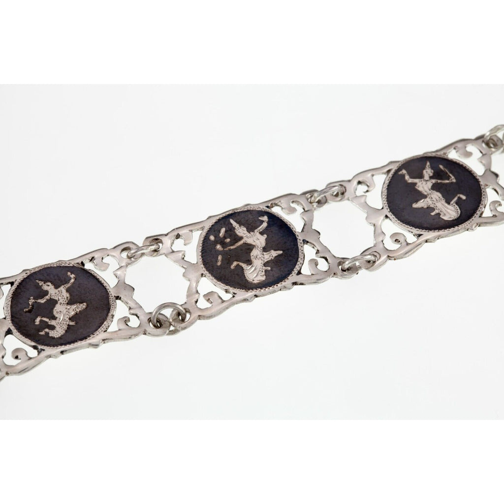 Vintage Thai Silver Siam Niello Black Enamel Panel Bracelet 7.25"