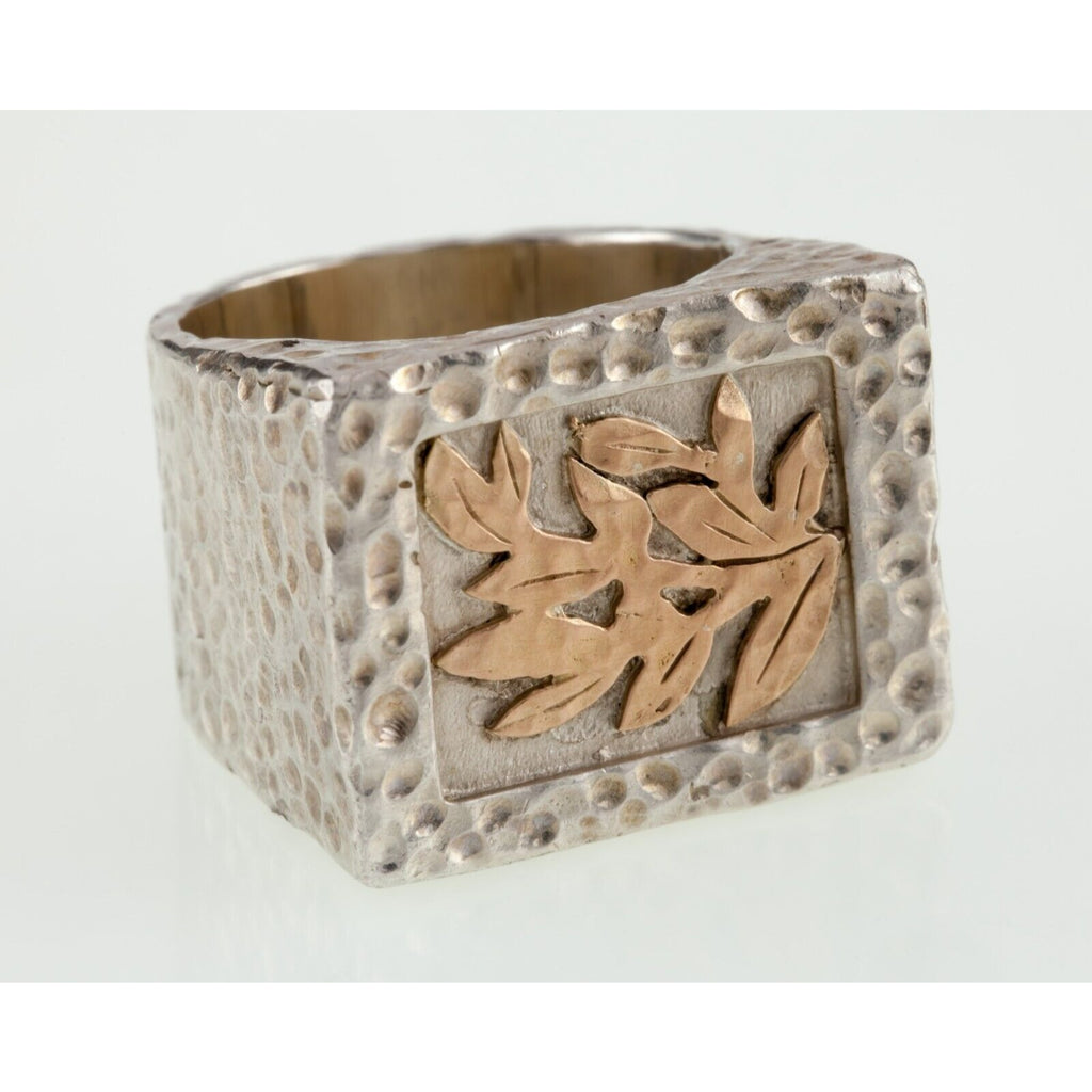 Texture Sterling Silver Band with a Gold Tone Leaf Design Ring Size 10