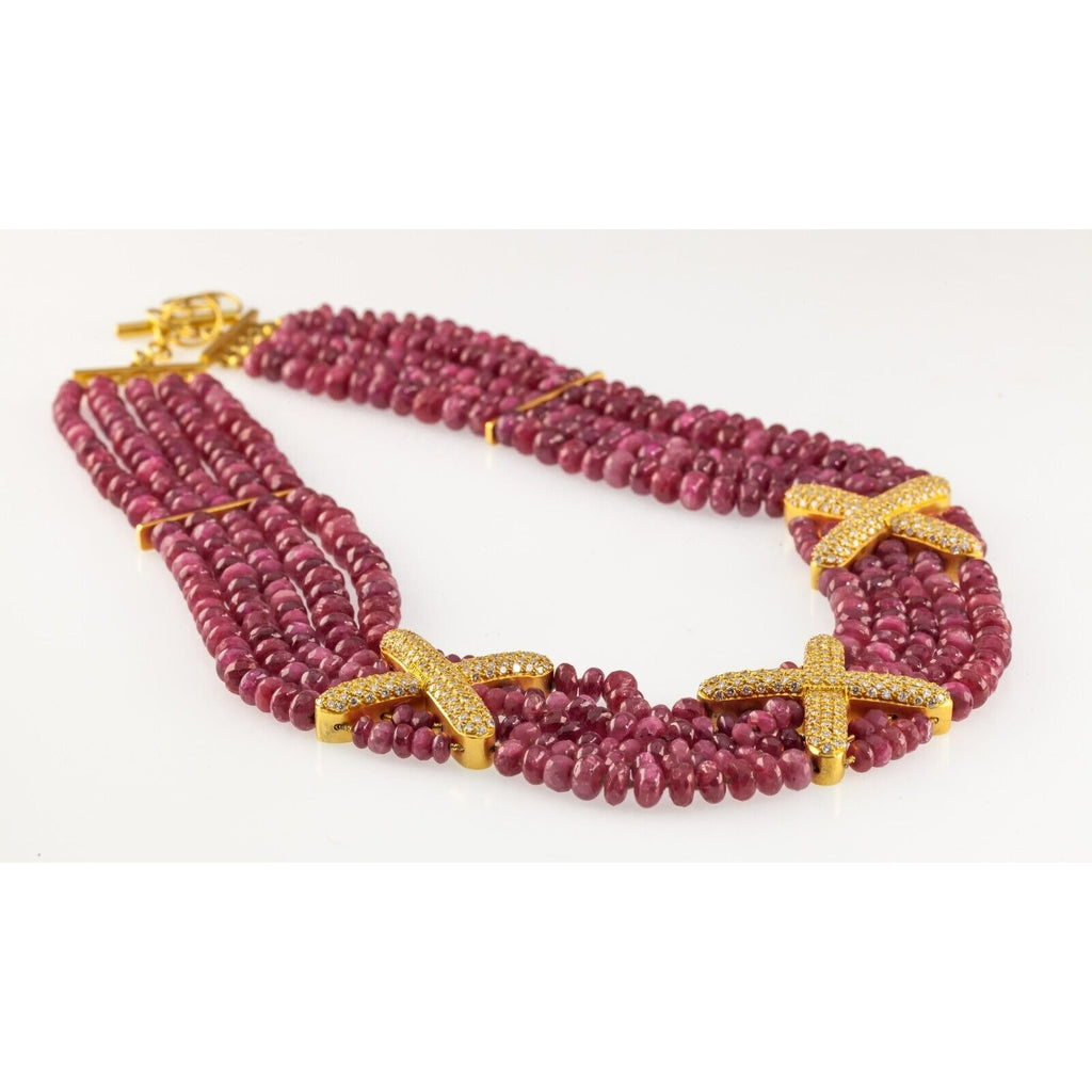 Gorgeous, Unique 600 ct Ruby Bead 18k Yellow Gold "X" Strand Set 13.5 TDW