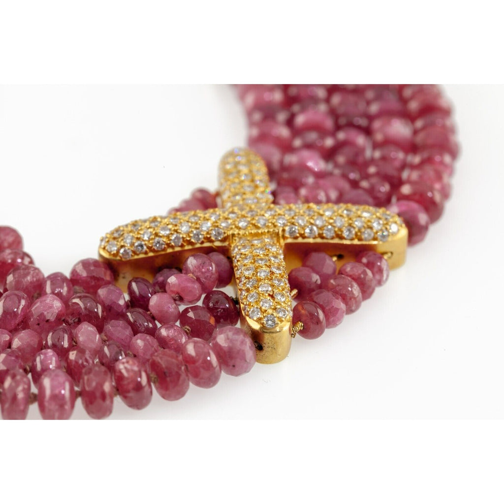 Gorgeous, Unique 600 ct Ruby Bead 18k Yellow Gold "X" Strand Set 13.5 TDW