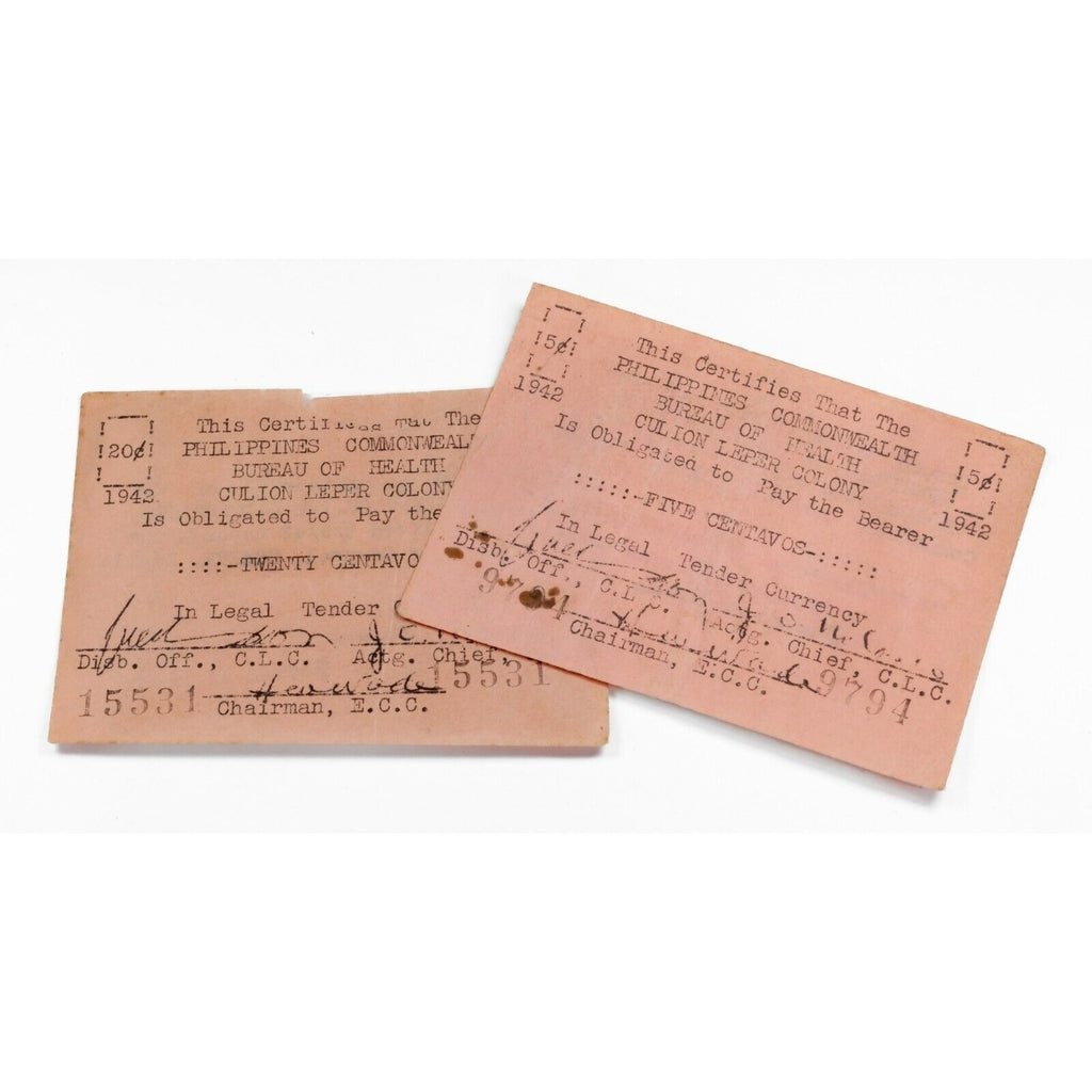 1942 Philippines - Culion Leper Colony 5c & 20 Centavos Notes, Lot of 2