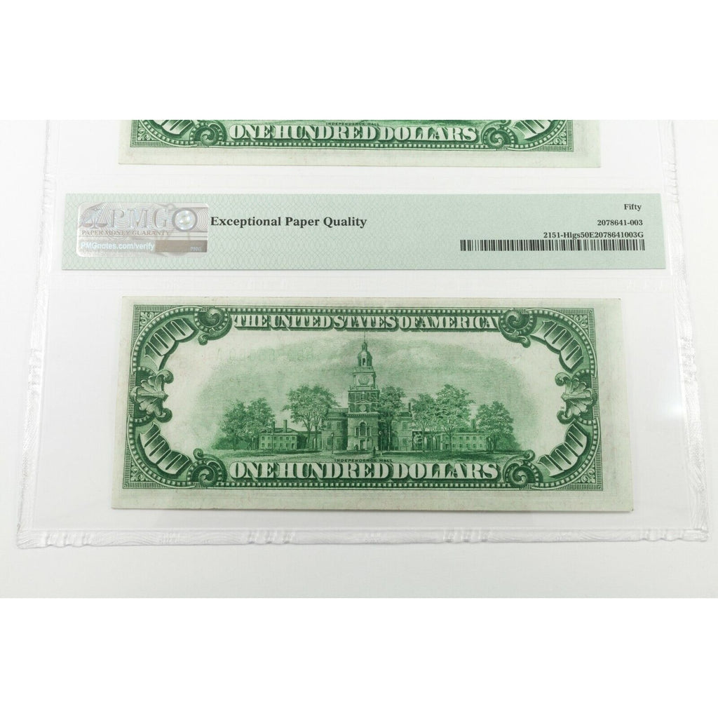 Lot of 3 1928A $100 Federal Reserve Notes Consecutive PMG 50, 53, 50 EPQ