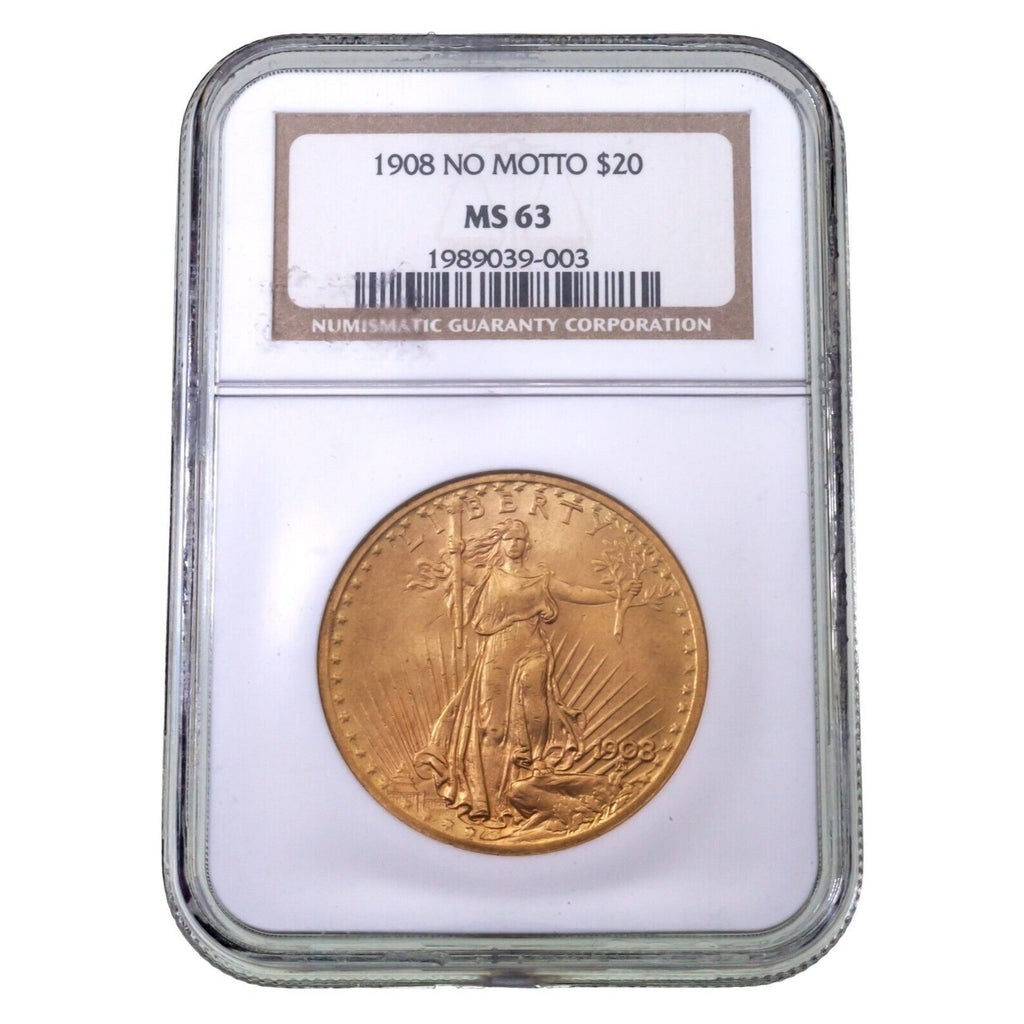 1908 $20 Gold St. Gaudens No Motto Double Eagle Graded by NGC as MS63