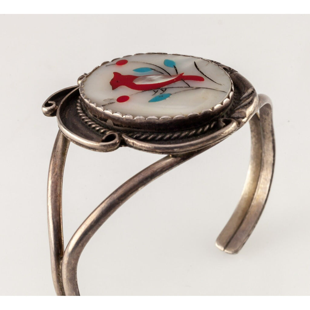 Vintage Zuni R. Toledo Sterling Silver Inlay MOP Cardinal Cuff Bracelet 40mm