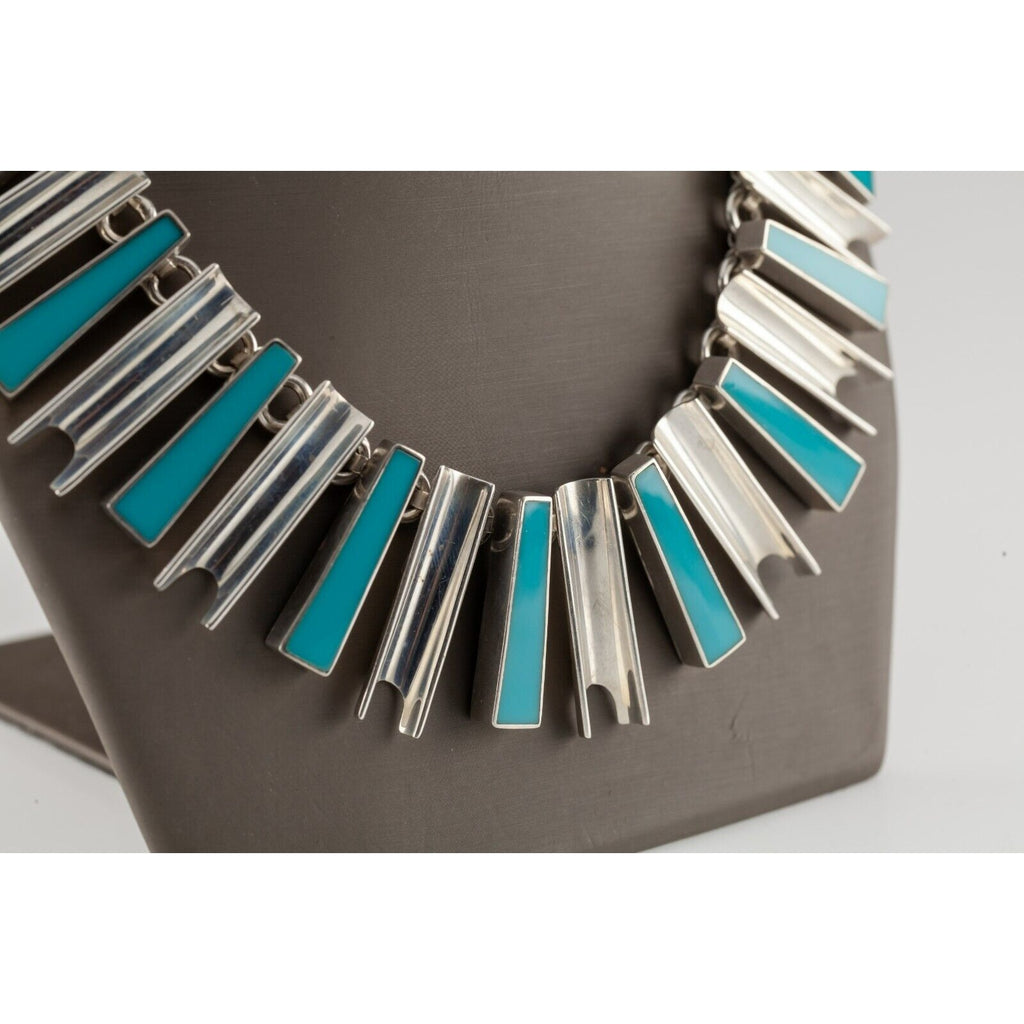 Mexico Sterling Silver Turquoise "Sunbeam" Necklace Gorgeous! 16" Long