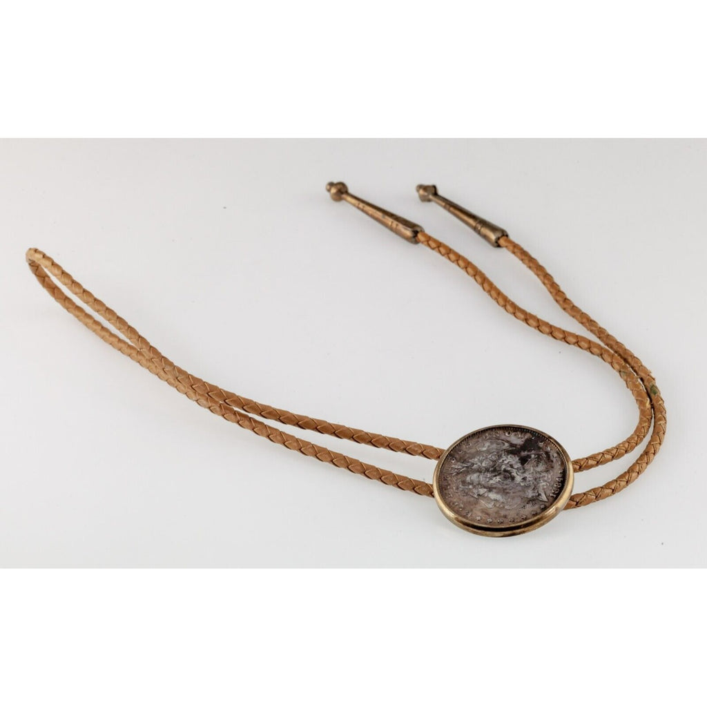 Morgan Dollar Bolo Tie with Braided Tan Leather and Aglets