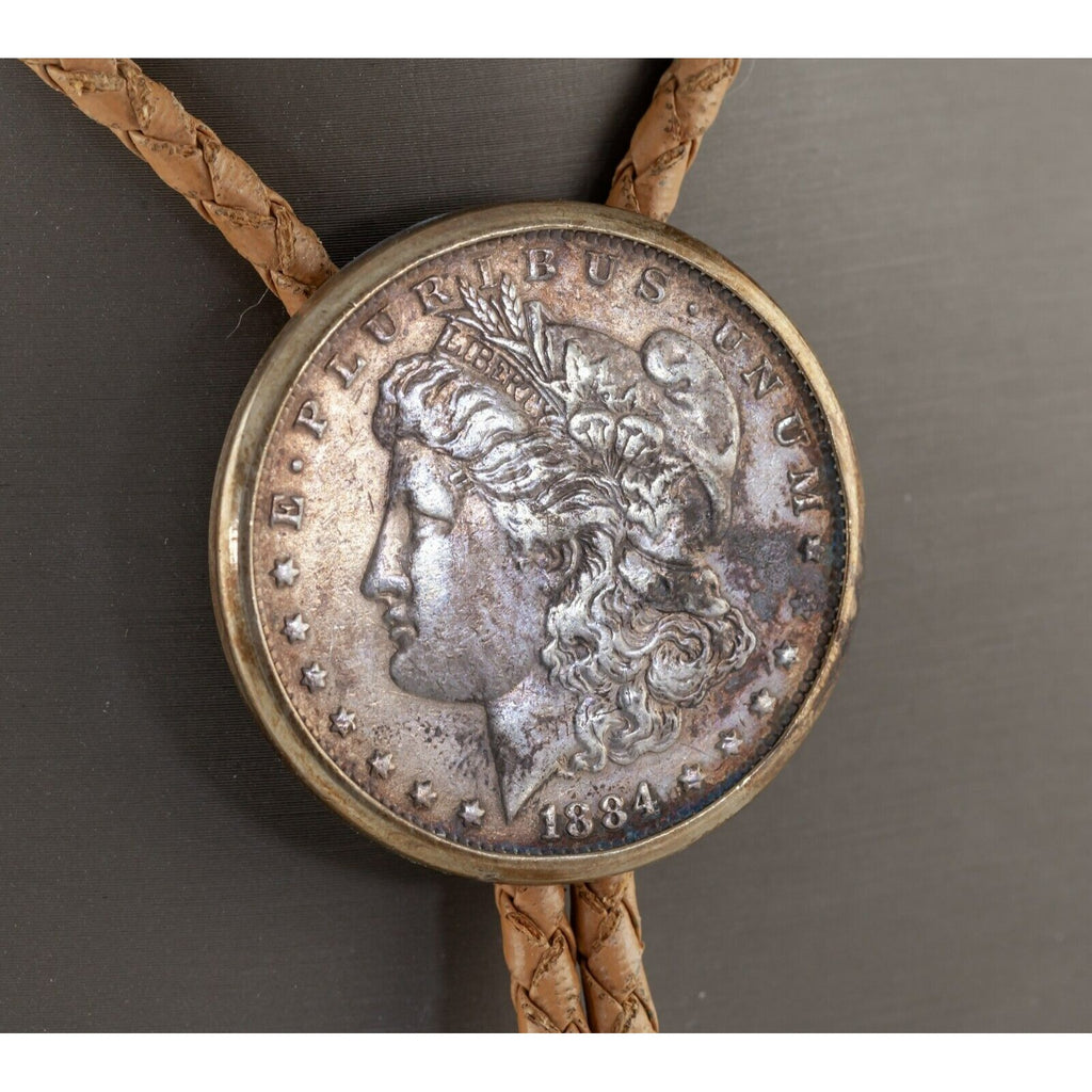 Morgan Dollar Bolo Tie with Braided Tan Leather and Aglets